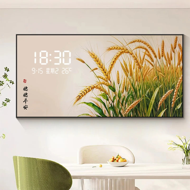 Light Luxury Barley Ear Living Room Decorative Painting Wall Clock Sofa Background Wall Luminous Electronic Clock Oasis Select