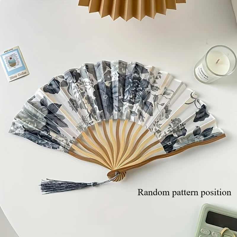 Traditional Chinese Ink Painting Folding Fan Portable Bamboo Cloth Hand Fan with Floral Pattern and Tassel for Qipao Accessory Oasis Select grey