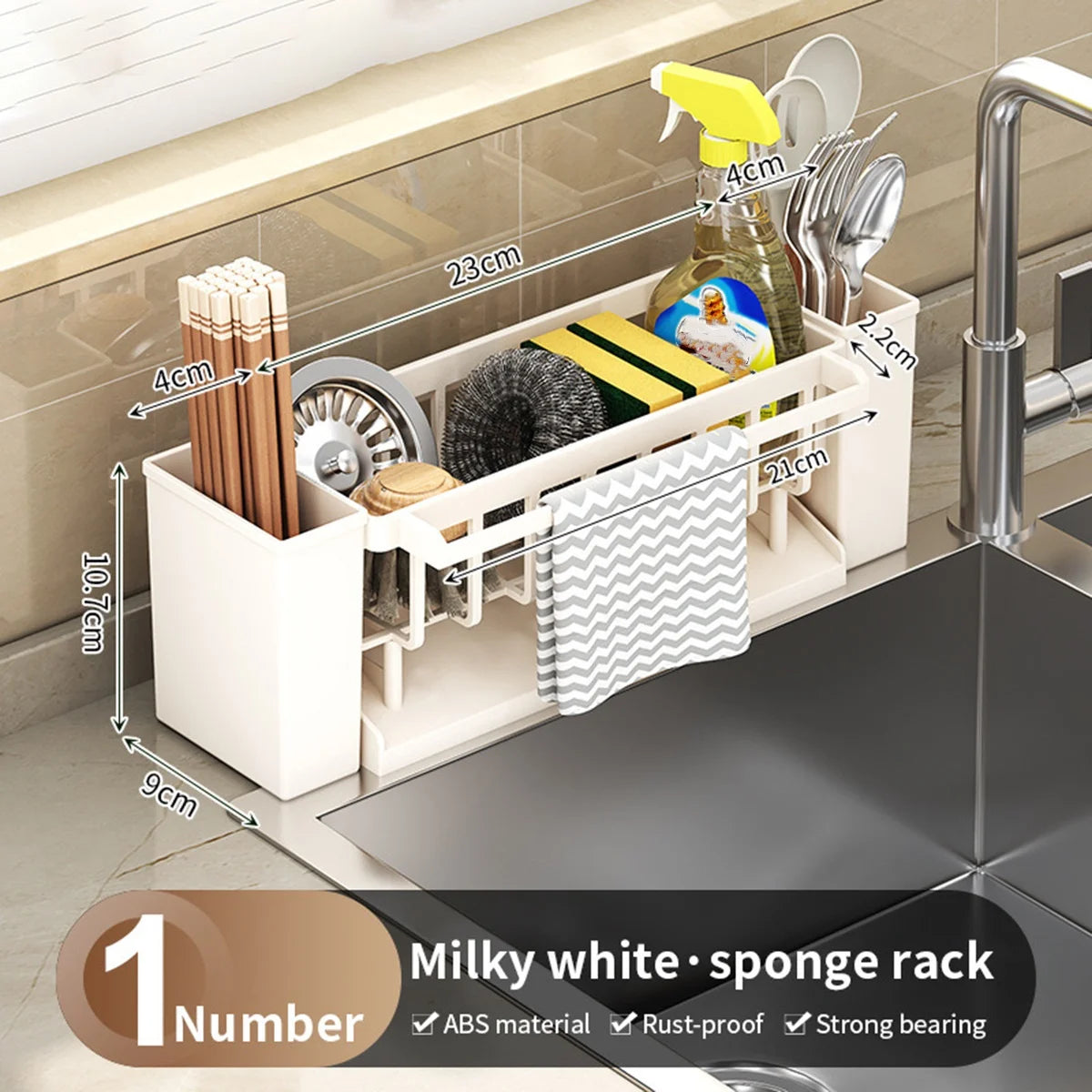 Kitchen Sink Organiser,Kitchen Sink Sponge Holder With Brush Holder,Rag Drain Rack, Bathroom Organizer, Sink Faucet Sink Ra Oasis Select WHITE
