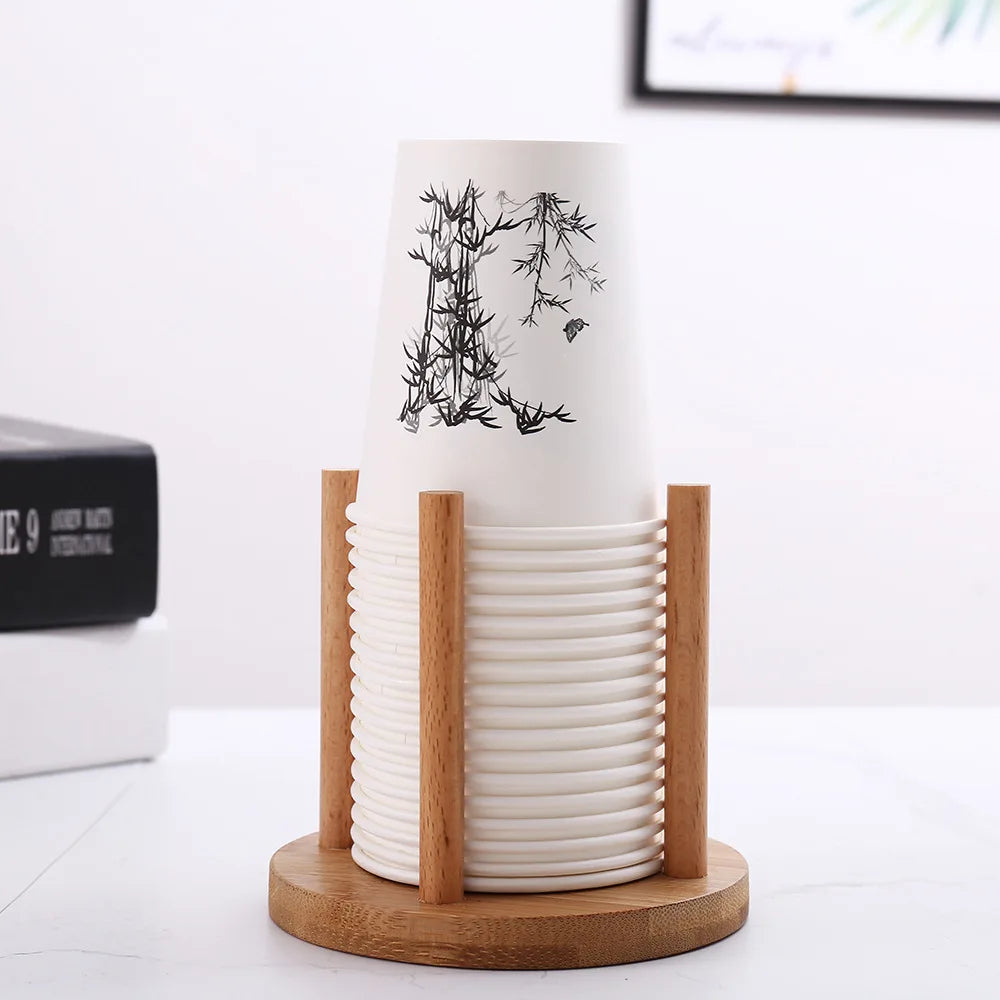 1pc Bamboo Wooden Cup Storage Rack Creative Round DIY Household Cup Holder For Disposable Paper Cup Counter Desktop Storage Rack Oasis Select