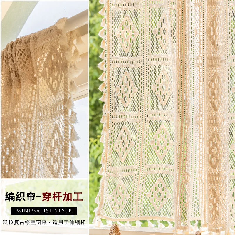 Cotton crochet hollowed out woven curtain American rural retro cotton linen lace tassel gauze curtain window curtain Oasis Select Wear Rod Width 1.35m H 1m