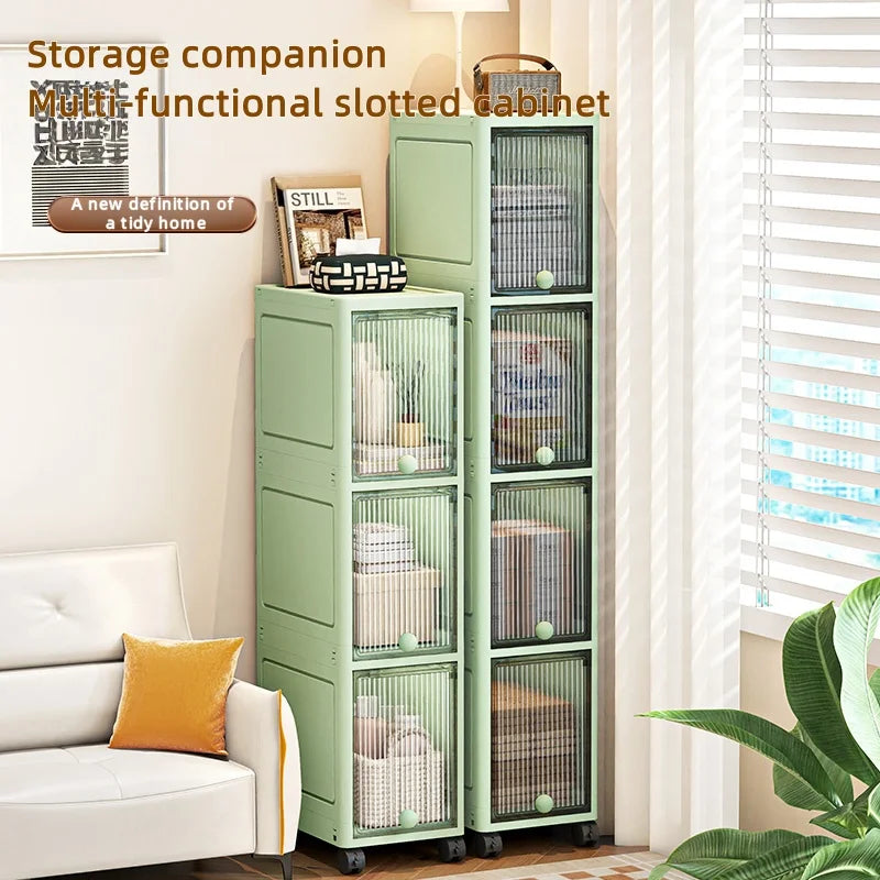 Slim Seam Cabinet Space-Saving Bookcase with Door Stackable Multi-Layer Rack Portable Movable Living Room Display Shelf Oasis Select