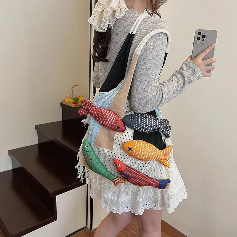 Tassel Decor Knit Shoulder Tote Bag Large Capacity Yarn Woven Handbag Classic Splicing Style All-match Bag for Women Daily Use Oasis Select