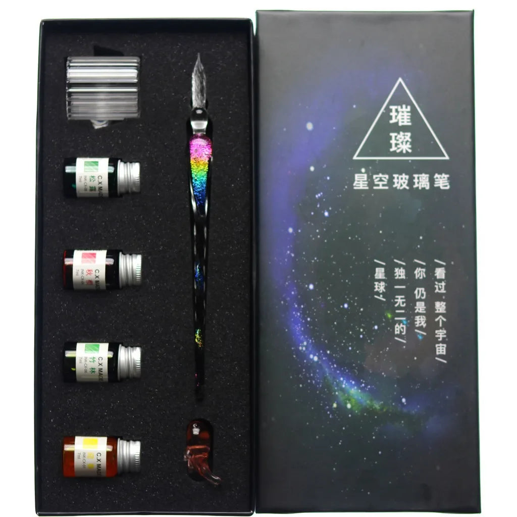 Star glass pen dipped in fountain pen gift box gold powder color ink set for students, net red Tiktok creative gift pen Oasis Select 5
