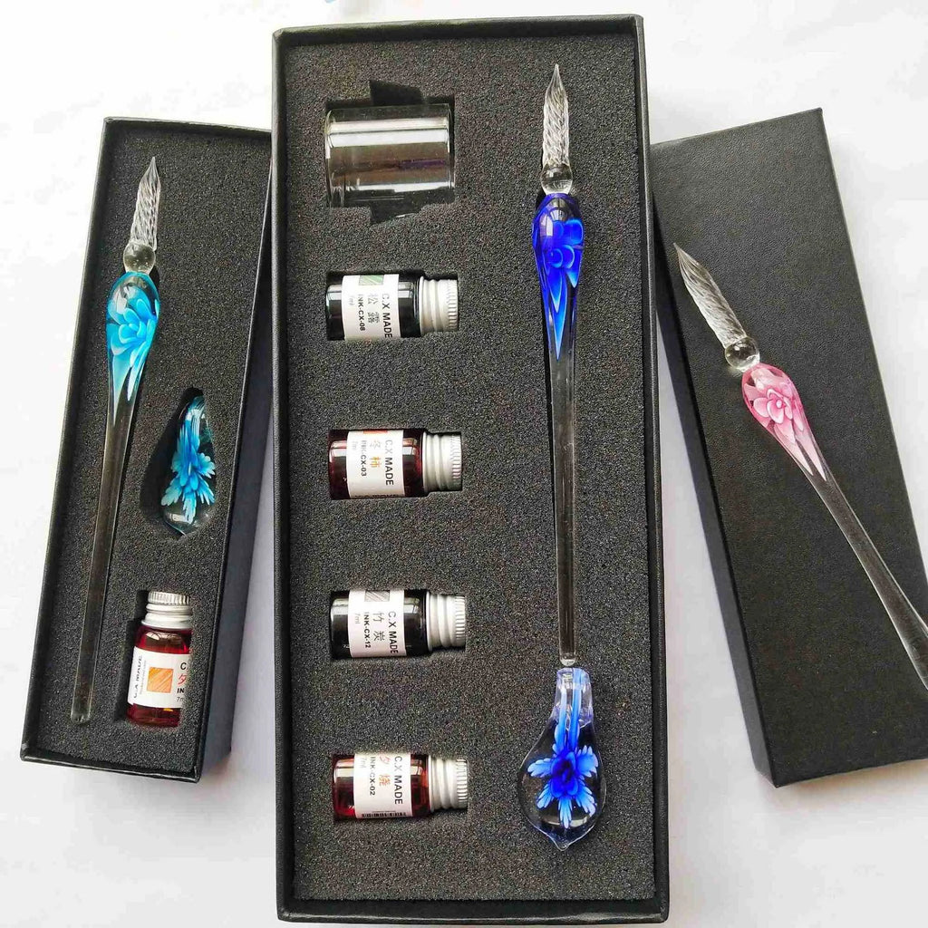 Embedded flower glass pen set, colored dipping pen, street vendor gift box, signature pen, glass pen gift Oasis Select