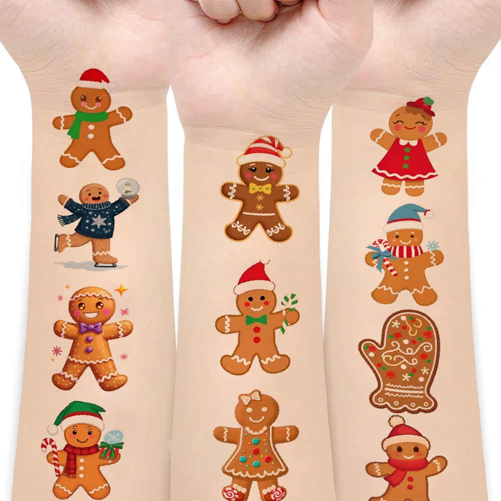 54pcs Christmas Gingerbread Temporary Tattoos – Waterproof Stickers