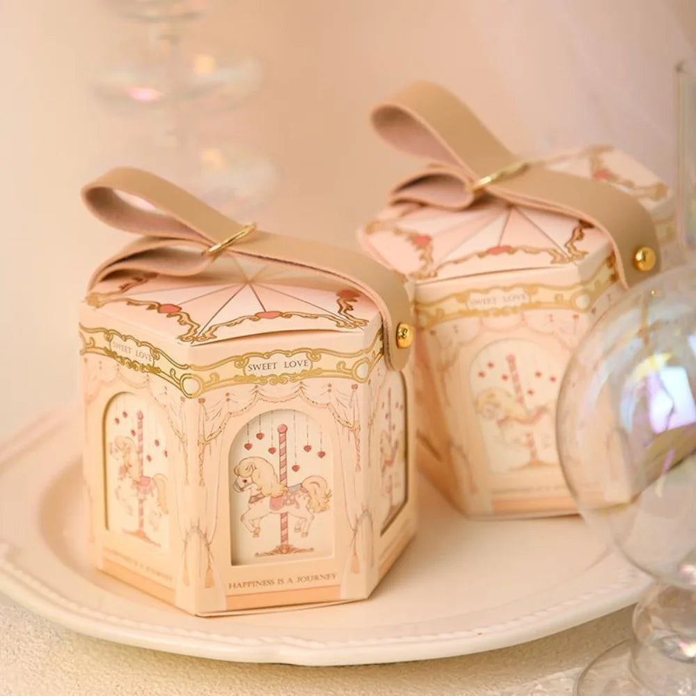 Beautiful Carousel Gift Box Leather Handle Wedding Candy Box Elegant Handheld Gift Bag Birthday Candy Tote Bag Decoration Oasis Select Champagne