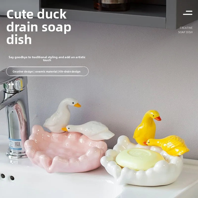 1pc Cute Duck Ceramic Soap Dish Decorative Soap Holder Craft Ornament Bathroom Counter Washroom Daily Storage Decor Accessory Oasis Select