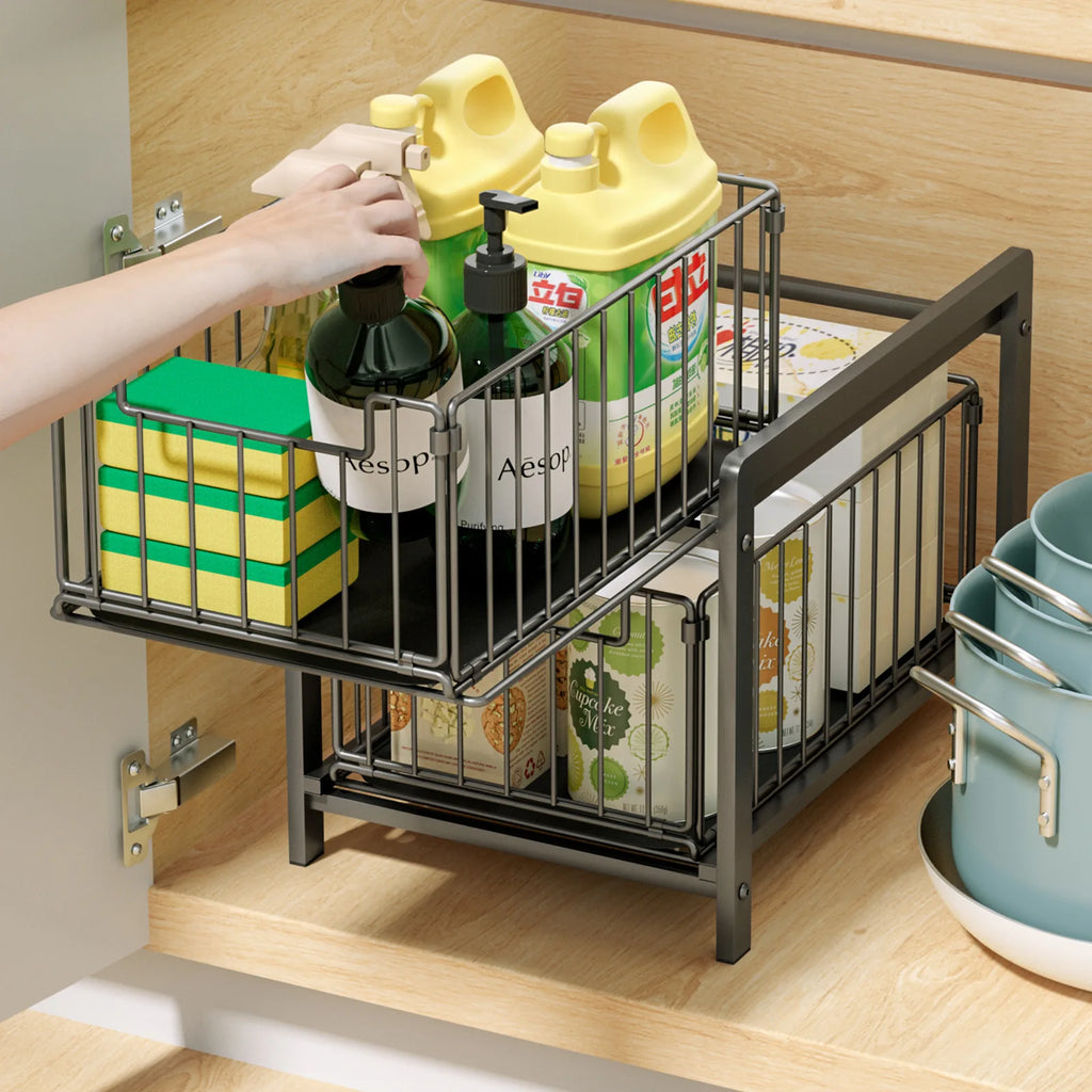 Cabinet drawer rack, kitchen supplies storage basket, layered seasoning, under dishes, sink, pull storage box Oasis Select