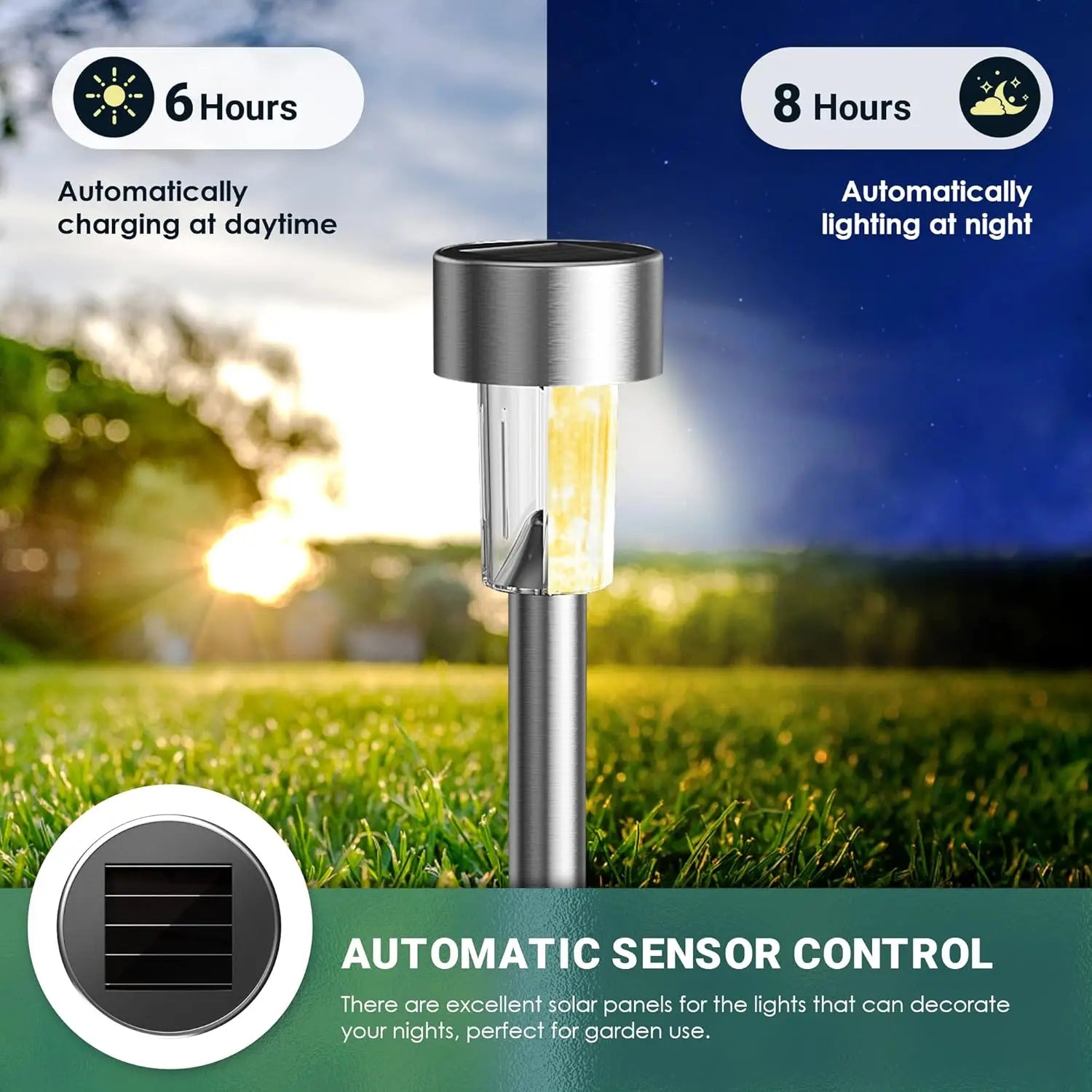Solar Powered Stainless Steel Tube Lights Outdoor Waterproof Garden Yard Lawn Lamp Night Light Pathway Lighting Oasis Select