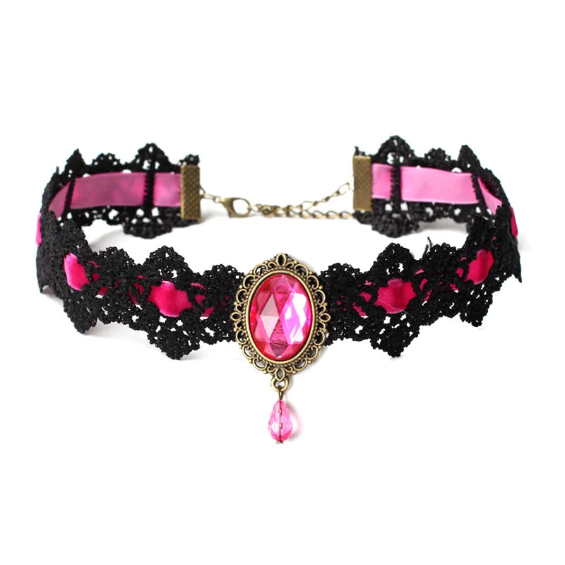 Black Lace Necklace Collar Choker Velvet Crystal Vintage Gothic Chain Pendant Oasis Select Pink