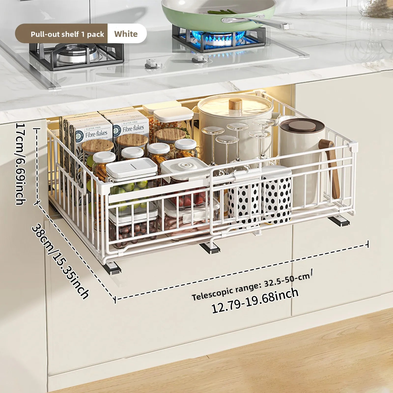 Telescopic basket, kitchen, deep cabinet, pull-out rack, tableware, storage box, cabinet, seasoning, dishes, drawer type Oasis Select White 1 piece set