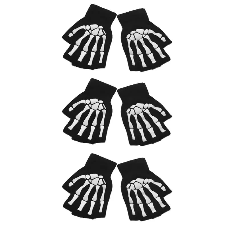 1-4pair Gloves Unisex Halloween Skeleton Skull Half Finger Gloves Glow In The Dark Fingerless Stretch Knitted Winter Mittens Oasis Select 3pair A