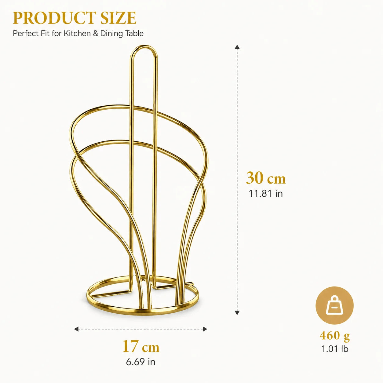 1 metal paper towel holder, a countertop-standing roll holder. Fits standard kitchen paper rolls. Paper towels not included. Oasis Select Gold