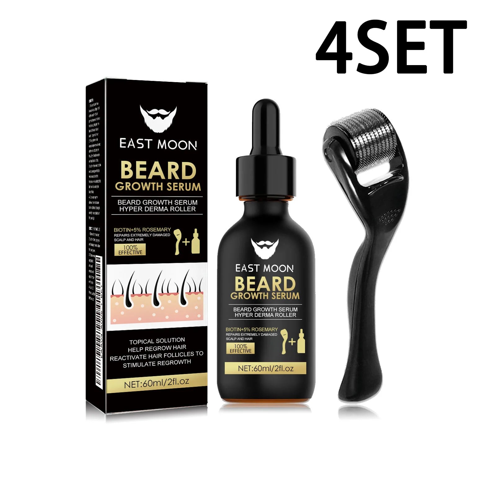 Beard Growth Serum Kit 0.2mm Derma Roller Infused Activate Hair Follicles Repair Damaged Beard Boost Fuller Thicker Beard Serum Oasis Select 4set