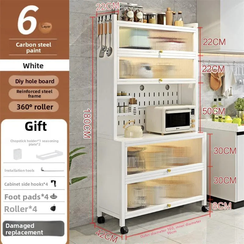 Kitchen Locker Carbon Steel Shelf with Door Household Side Cabinet Microwave Oven Storage Cabinet Cross-border Oasis Select Six floors 100 white