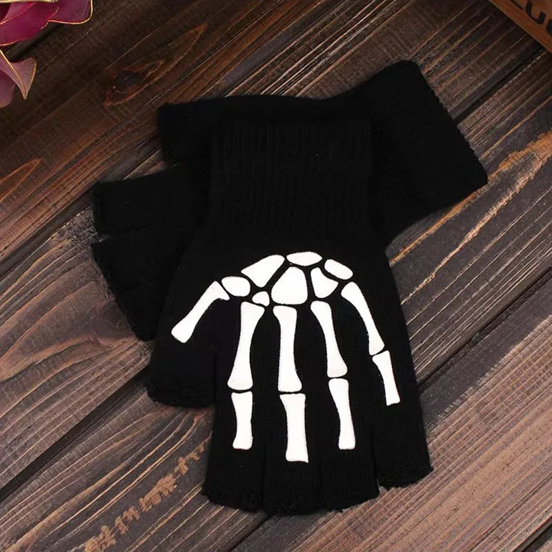 1/2/3/4/5/6pairs Luminous Skull Half Finger Gloves Halloween Role Gloves Autumn/Winter Warm Knitted Gloves Elastic Gloves Oasis Select 1pair