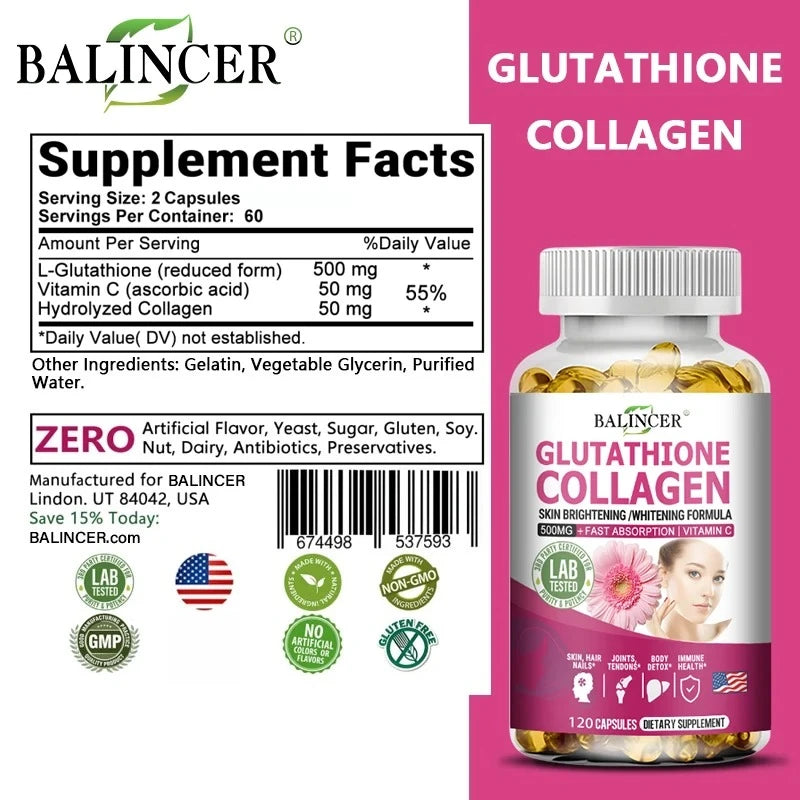 Glutathione 500mg Supplement – Collagen & Antioxidant Support