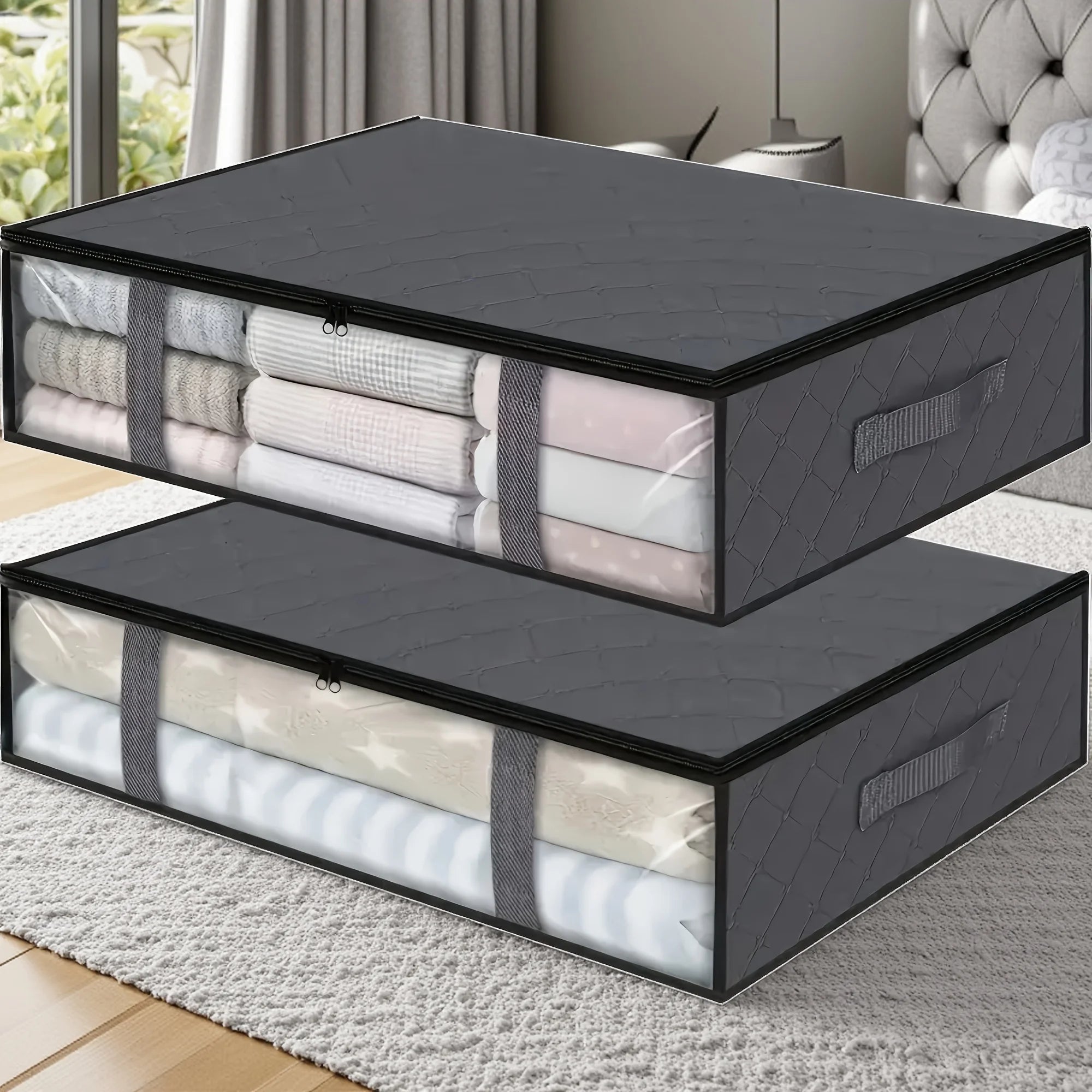2pcs Large Under Bed Storage Bags Non-woven Clothes Organizer Clear Window Reinforced Handles for Comforters Blankets Bedding Oasis Select