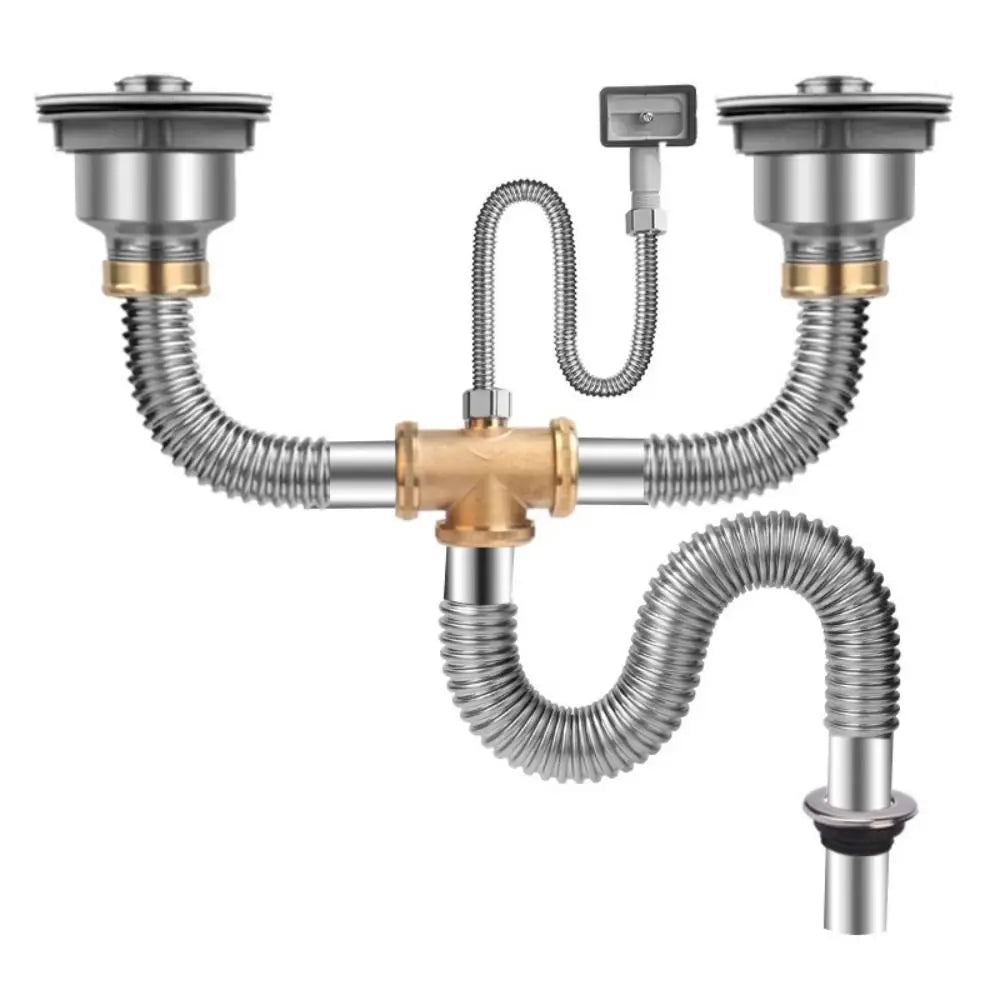 Stainless Steel Sink Drain Pipe Set Easy Install Space Saving Anti-Leak Drainage Kit Single/Double Bowl Anti Clogging Drain Hose Oasis Select