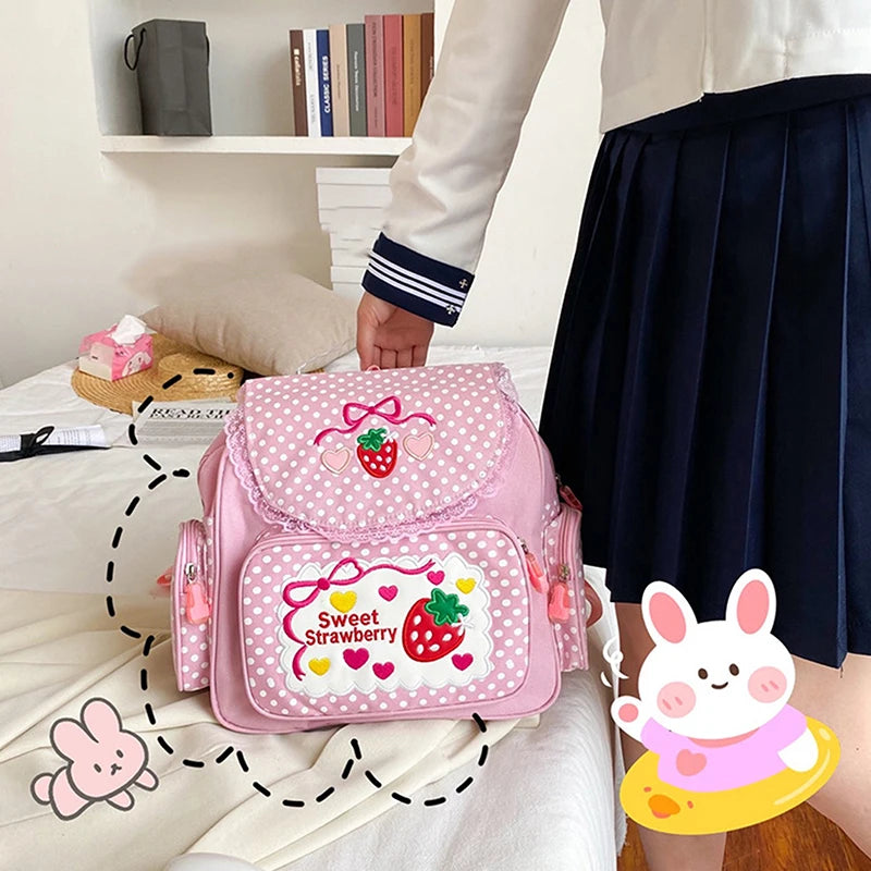 Pink Girl Embroidery Strawberry Children's Schoolbag Student Birthday Gift Cartoon Backpack Book Bags Christmas New Year Gift Oasis Select