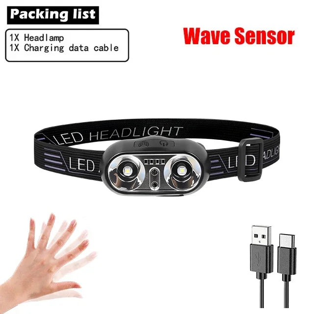 KDULIT 1~20Pack LED Sensor Headlamp Built-in Battery USB Rechargeable Waterproof Head Torch Outdoor Camping Fishing Headlight Oasis Select t336-a