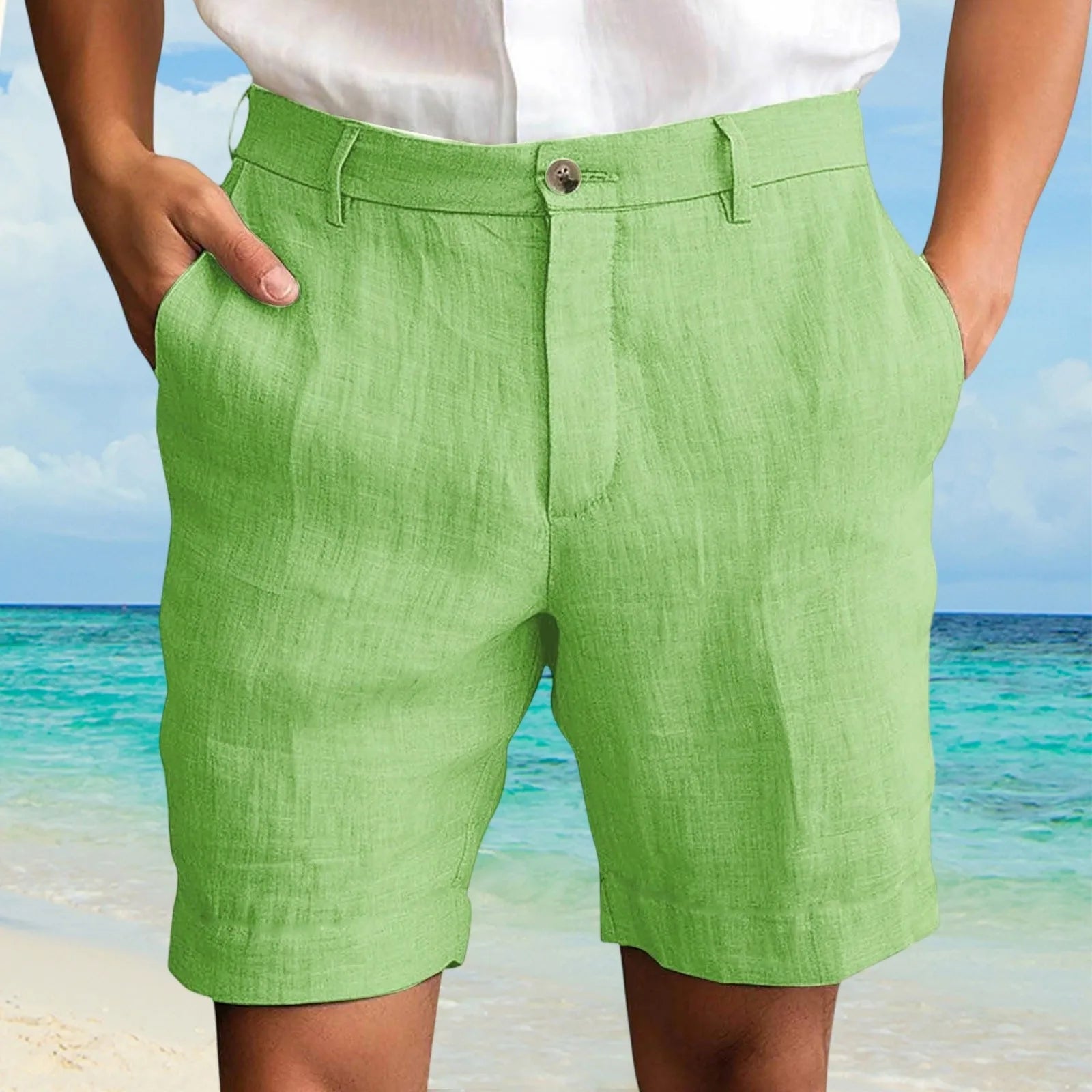 Summer Cotton Linen Shorts for Men Solid Casual Button Pocket Beach Shorts Men's Comfortable Simple Vacation Leiture Pants Oasis Select Fluorescent Green XL