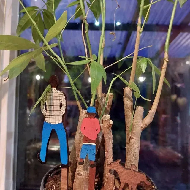 Fun Potted Wood Mini Card Father Son Dog Garden Home Flower Pot Decoration Garden Decoration Oasis Select