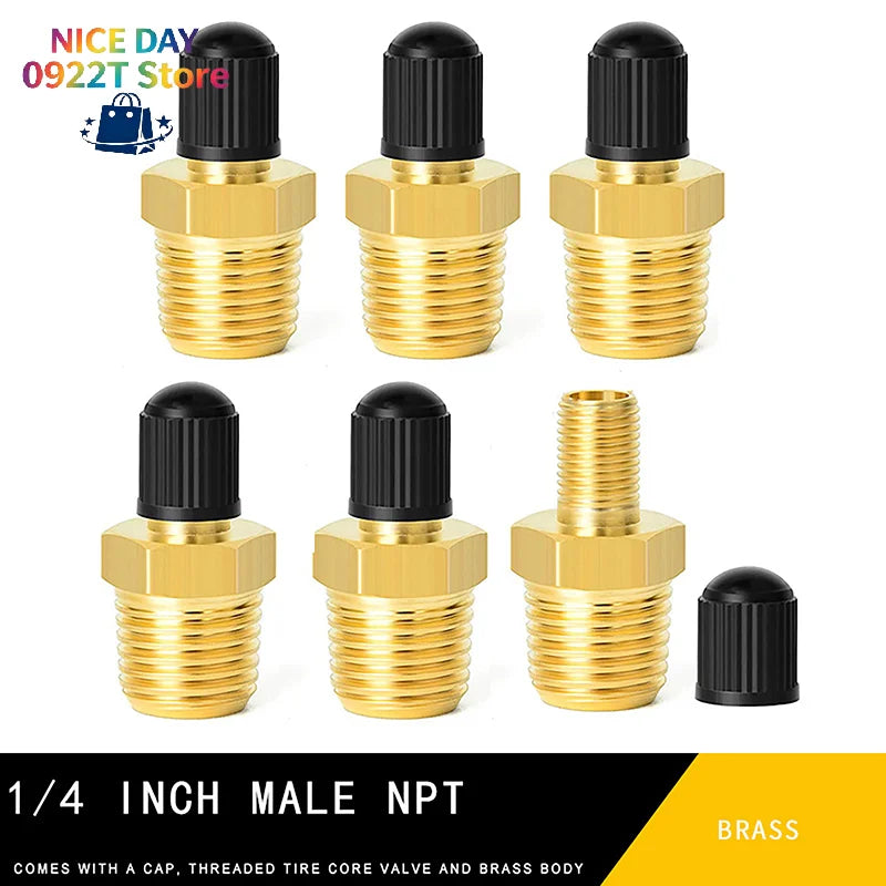 2Pcs Brass Air Inflator Adapter W/Valve Stem Inside 1/4" NPT (M) To Standard Schrader Valve (M) Tire Inflator Connector@#X Oasis Select