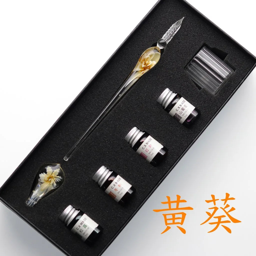 Embedded Flower Glass Pen Set Starry Sky Gold Powder Color Ink Dip in Water Pen Gift Box for Friends and Students as Gift Pen Oasis Select 8