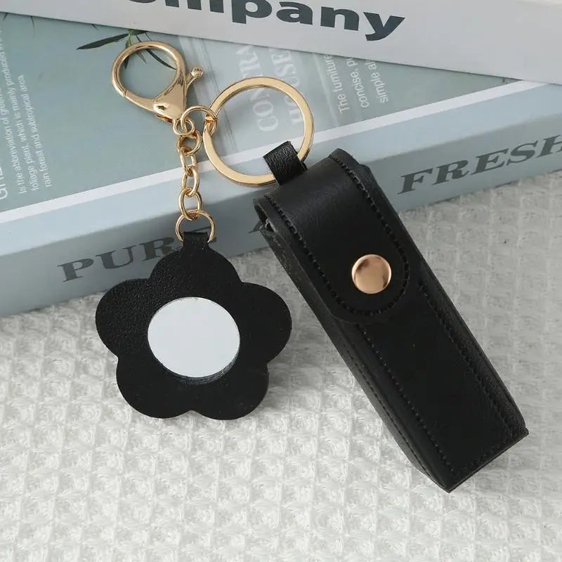 PU Leather Lipstick Holder Keychain with Flower Mirror