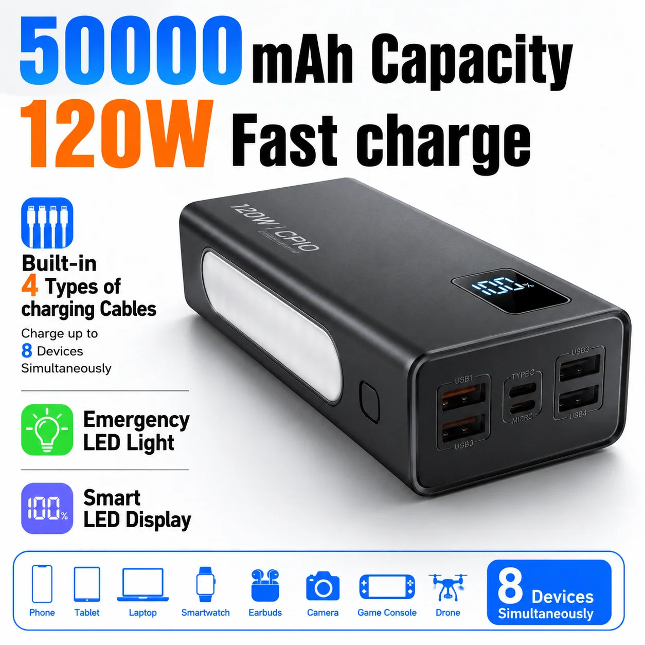 50000mAh Power Bank 120W Fast Charging Portable Charger Built-in Cable External Battery Pack PD USB C LED Display Powerbank Oasis Select