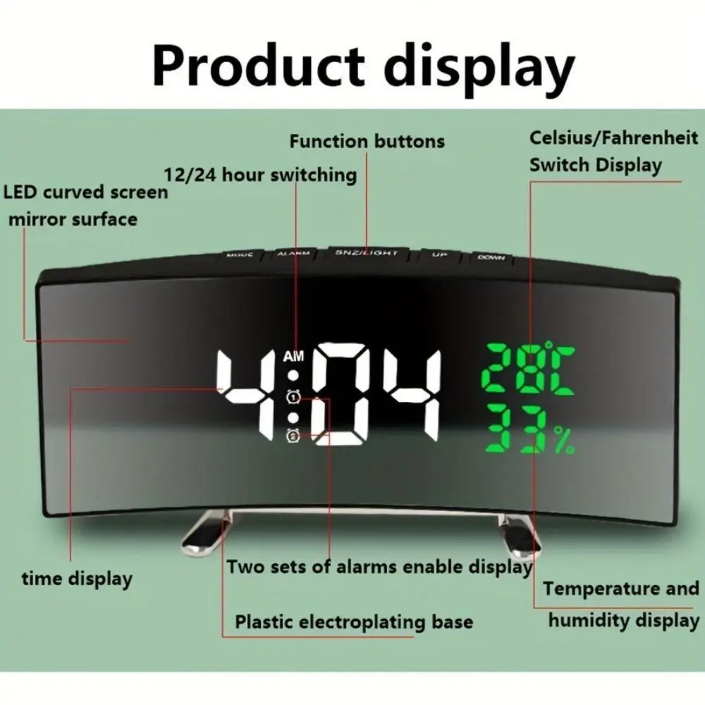 Curved LED Digital Alarm Clock | Large Screen, Dual Alarm & Dimmer