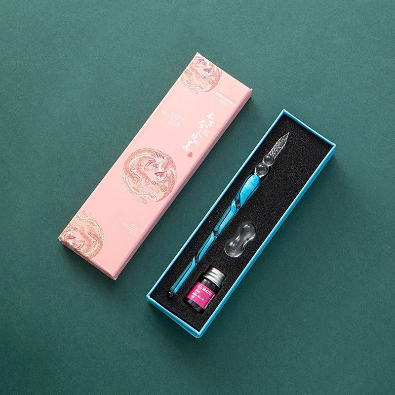 Fantasy glass pen dipped in water, antique style colored ink, crystal signature pen, gift pen dipped in ink set Oasis Select 1