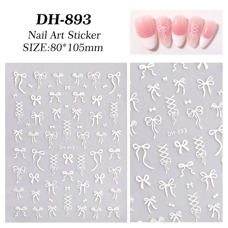 SUSU 1PC Bow Nail Art Stickers 3D Cute Red Pink Black Bowknot Nail Charms Foils Gold Laser Effect Bow Manicure Decor Oasis Select White