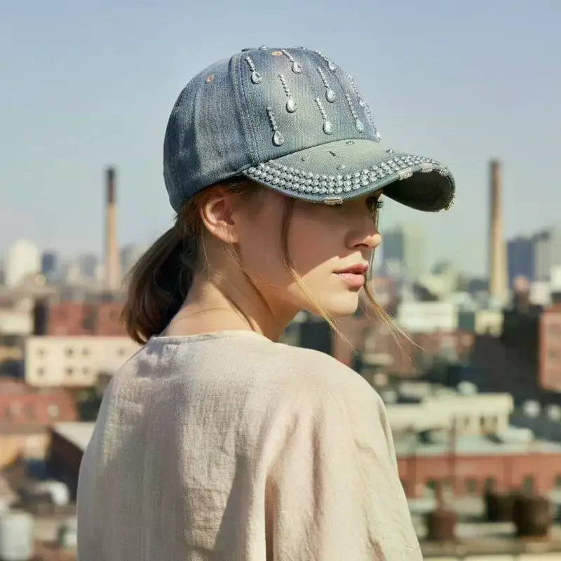 Sparkling Rhinestone Denim Baseball Cap for Women Bling Crystal Decor Adjustable Casual Outdoor Sun Hat Adjustable Cowboy Hat Oasis Select