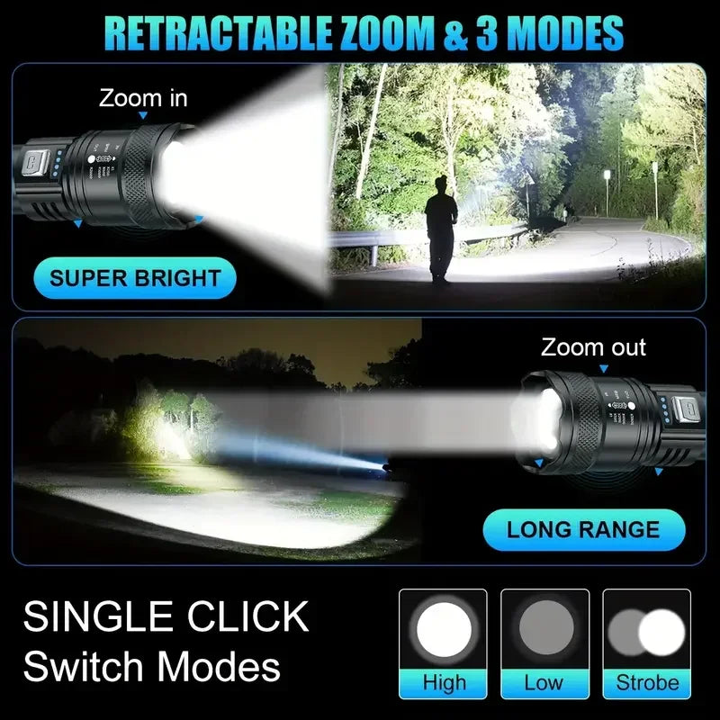Tactical LED Flashlight 2000LM USB-C Rechargeable Zoomable Torch