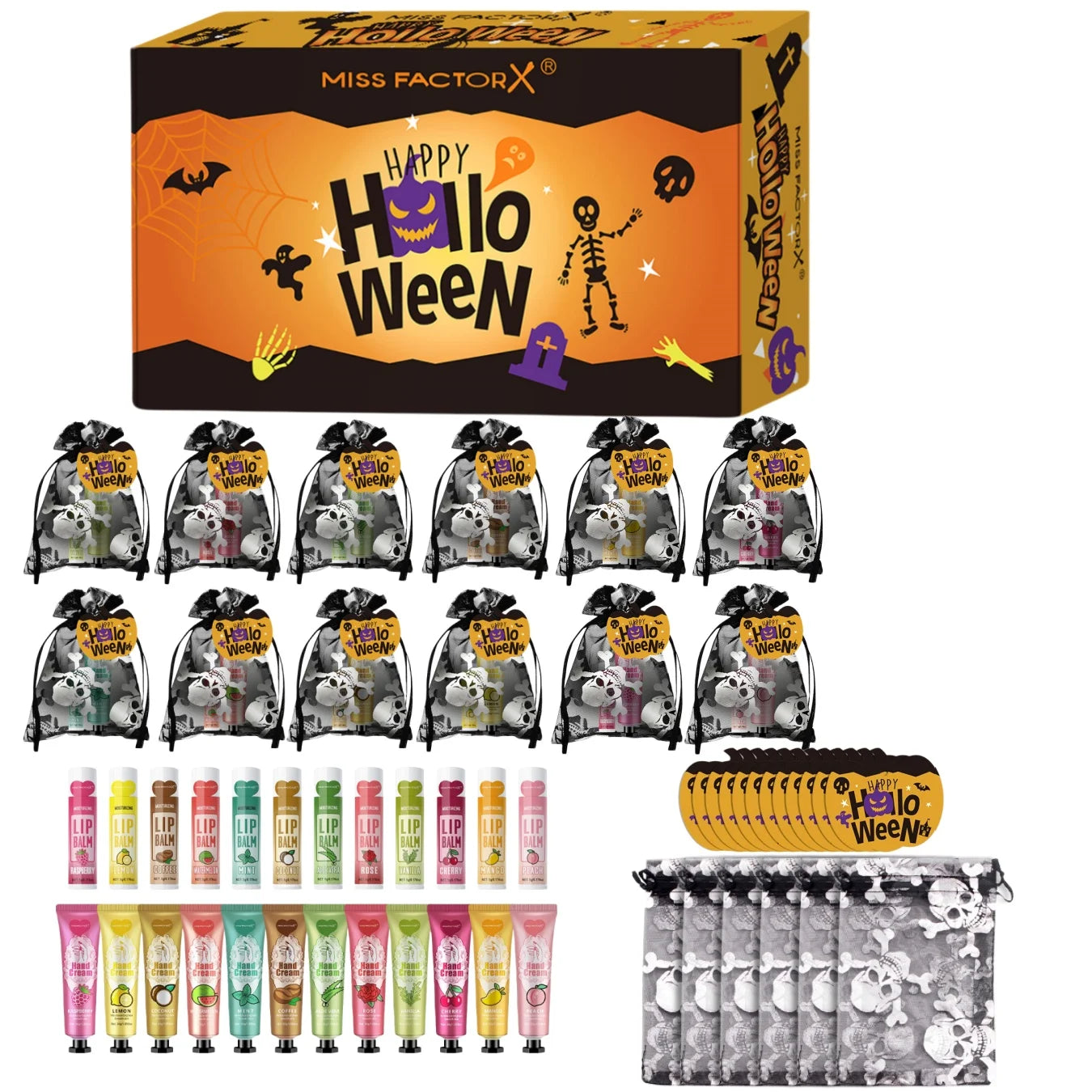 12 Halloween gift sets/box, lip balm set, hand cream set, Easter, skull mesh bag and pumpkin card, Trick or treat Oasis Select