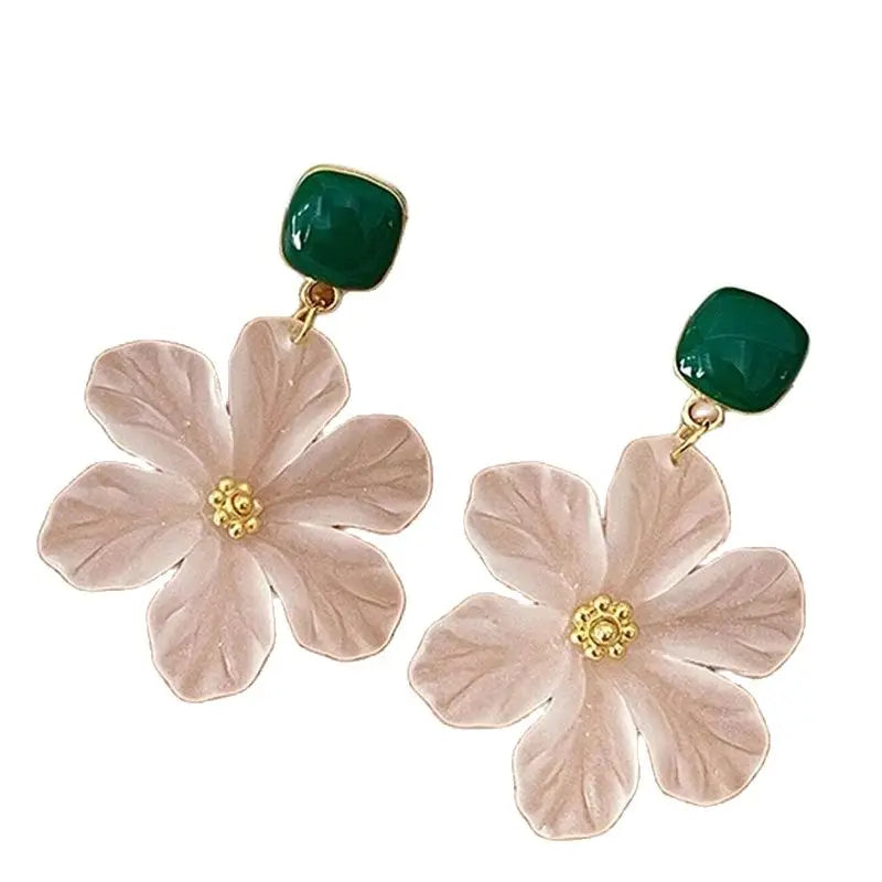 Obega White Flower Charm Square Metal Green Epoxy Drop Earrings For Women Bohemia Romantic Camellia Flower Dangle Earring Luxury Oasis Select