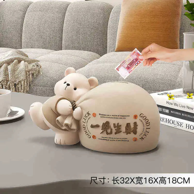 Cream Wind Bear Piggy Bank Can Only Go in Piggy Bank Living Room Tabletop Decoration Children's Room Decoration Birthday Gift Oasis Select Brown 32x16cm