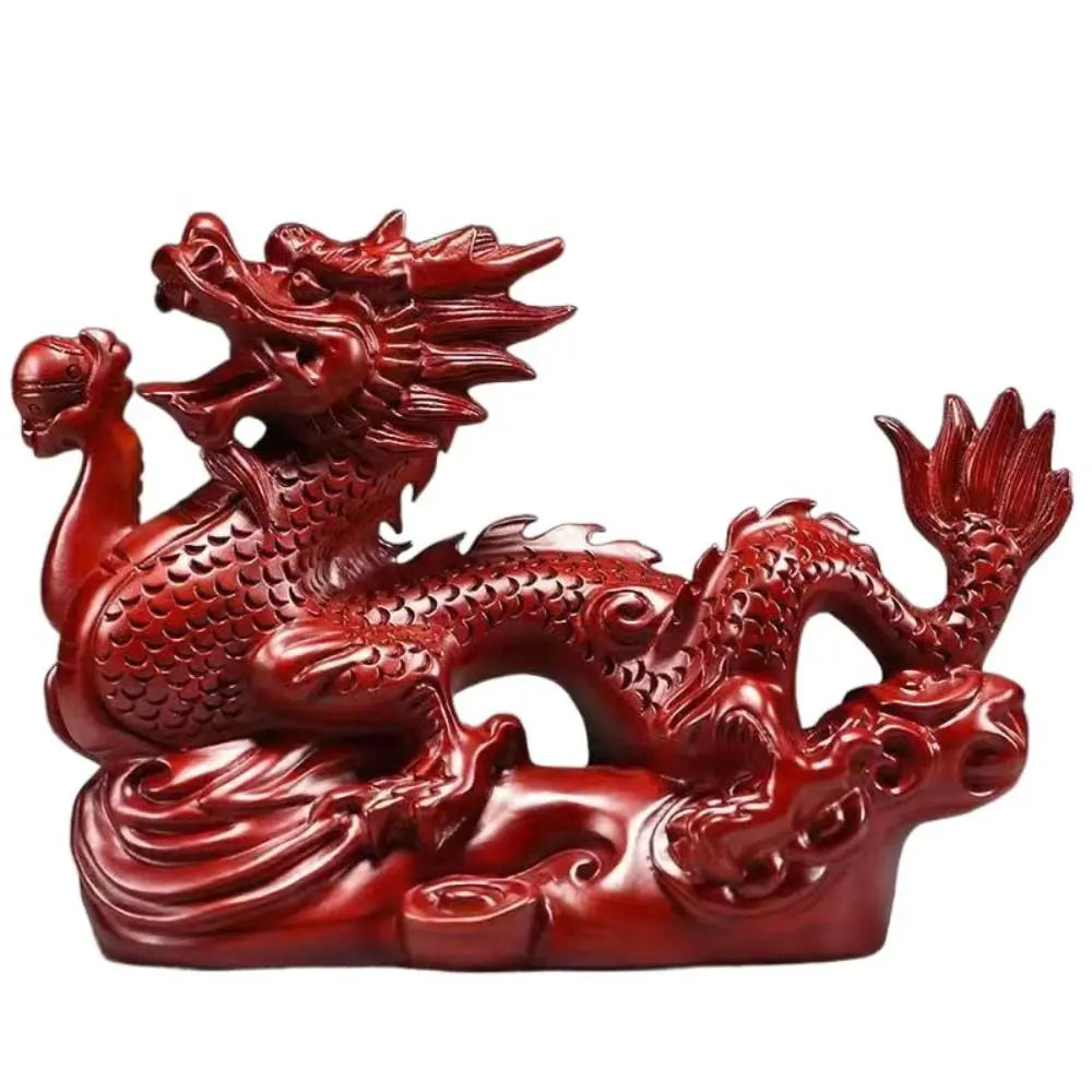 4 inches Wooden Chinese Feng Shui Dragon Statue for Office Home Tabletop Decor Fortune 2024 New Year Decoration Ornaments Oasis Select Red