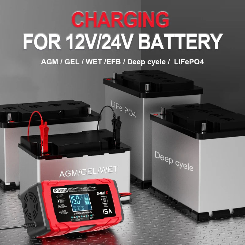 12V 15A 24V 8A Battery Charger For Lead Acid AGM GEL Battery 14.6V 15A Smart Pulse Repair Charger Lifepo4 Battery Fast Charging Oasis Select