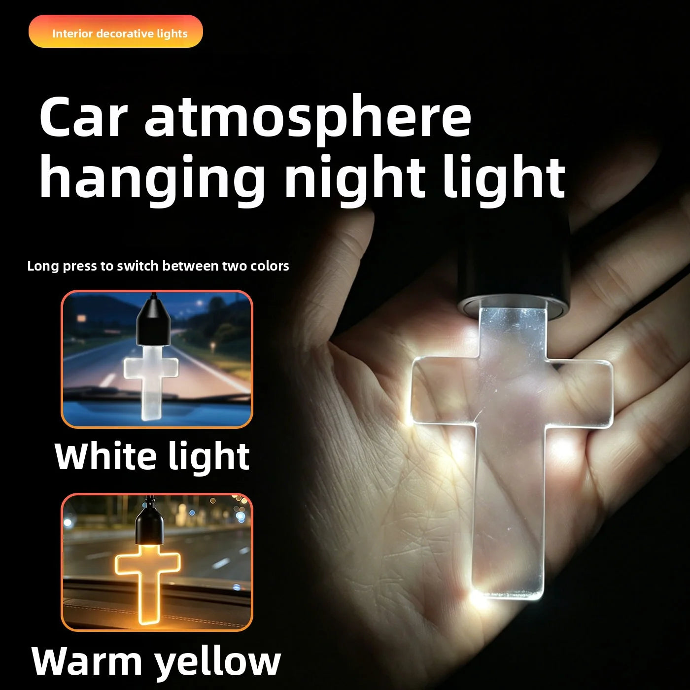 Crystal Cross Car Mirror Pendant LED Ambient Night Light