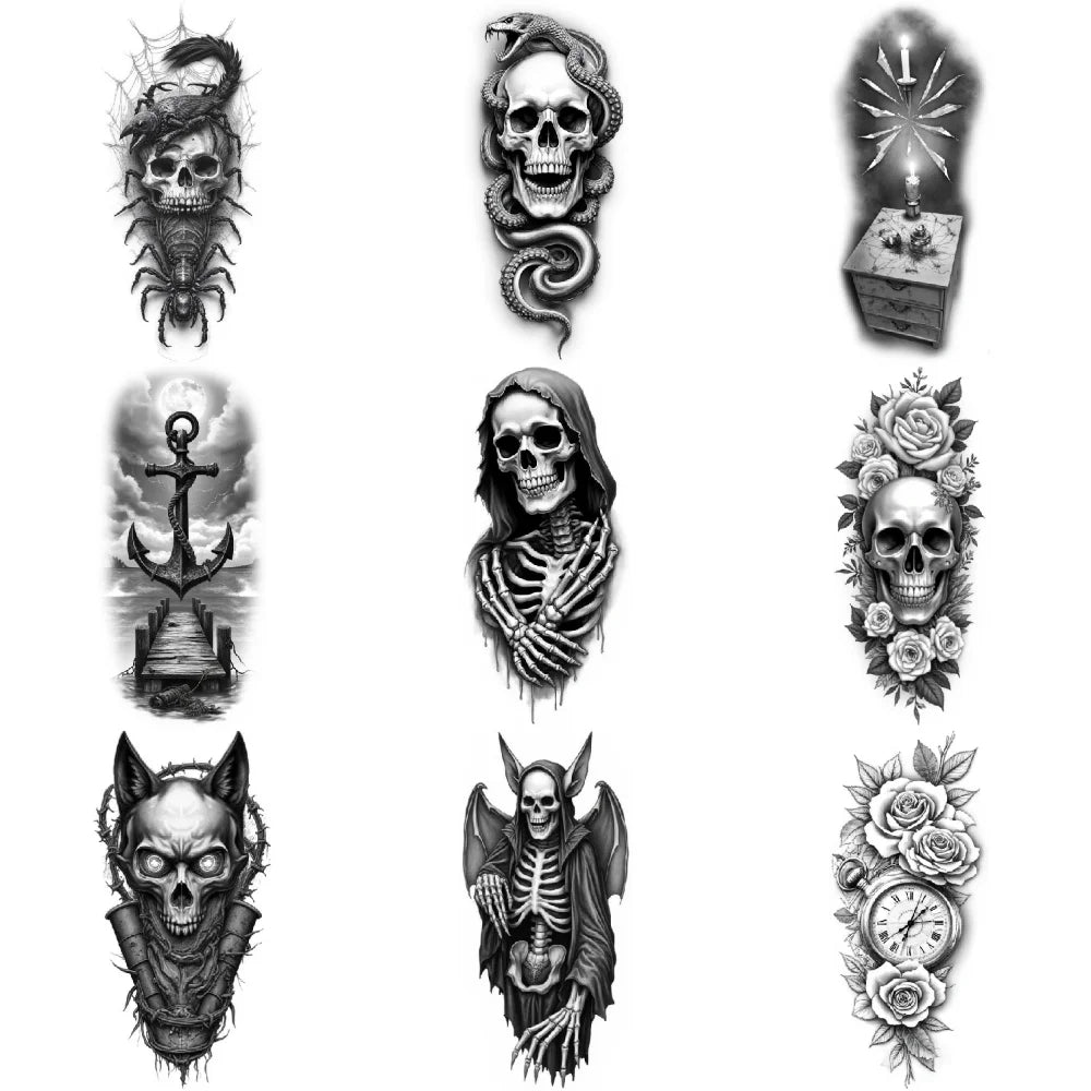 3-Pack Black & Grey Realism Temporary Tattoos – Roses & Skeleton