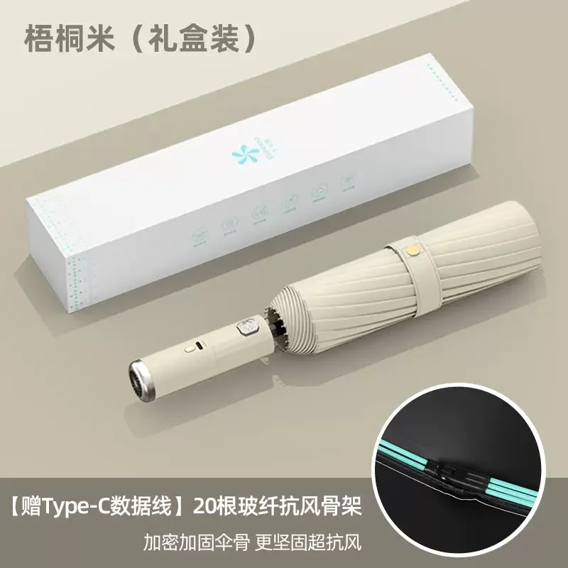 Come with fan umbrella ten bones automatic folding sunblock shade double cooling rain and sunshine fan umbrella Oasis Select Beige