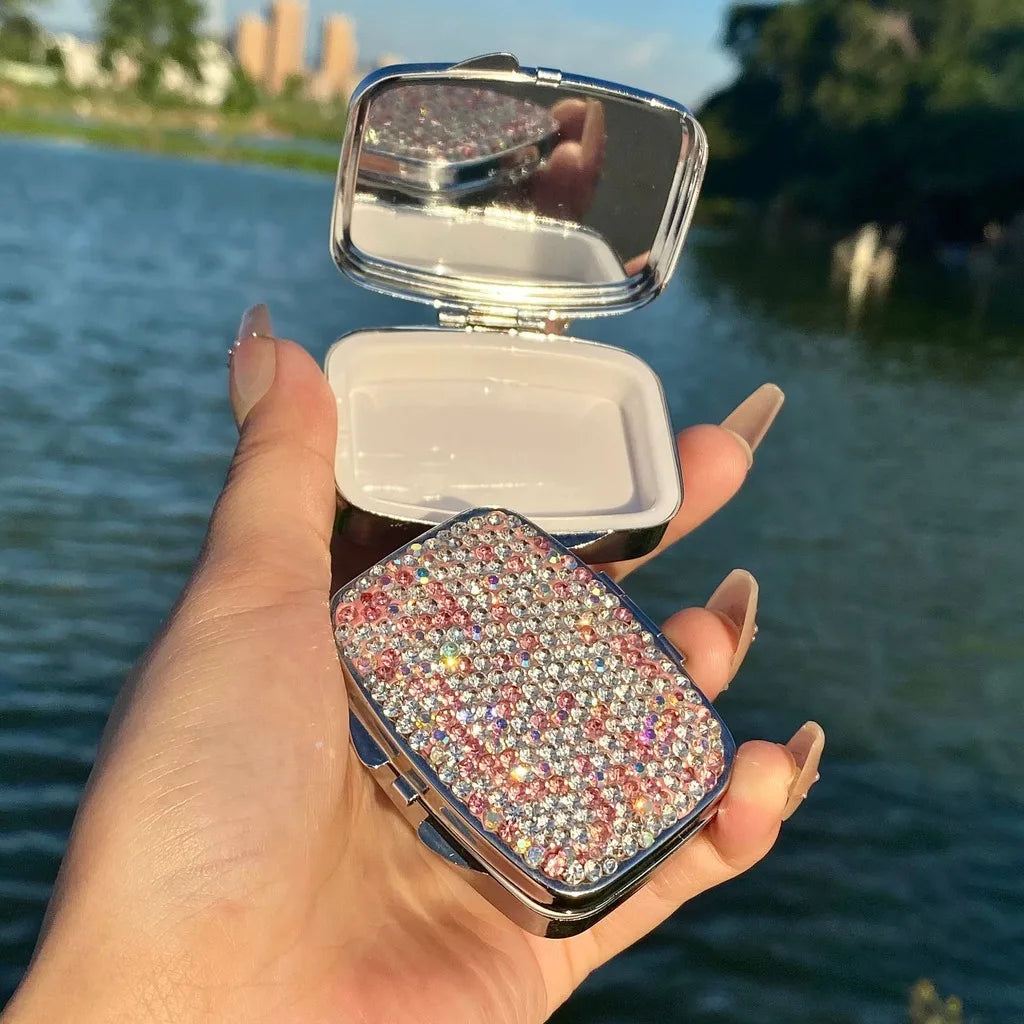 Rhinestone Pill Box with Mirror – 1, 2 or 4 Compartments