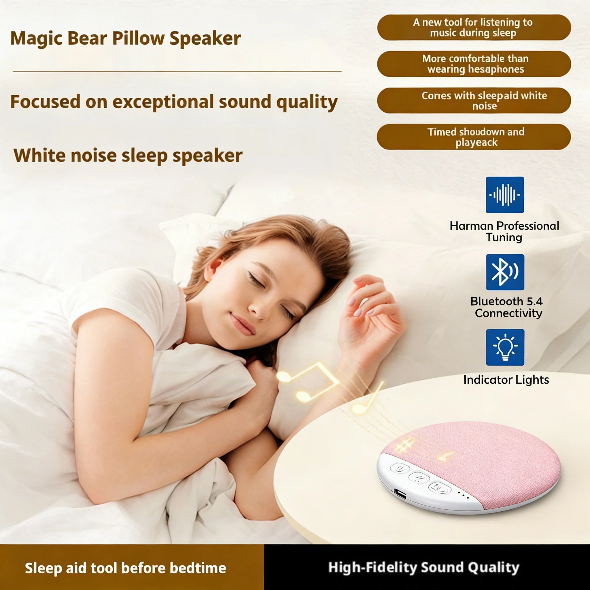 Under Pillow Bluetooth Speaker – White Noise Sleep Aid Hi-Fi