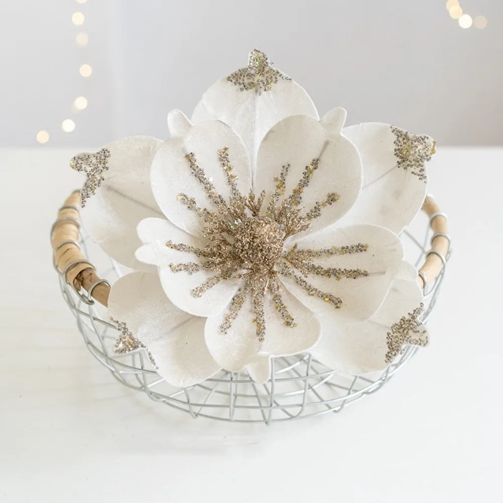 Christmas Artificial Poinsettia Glitter Flower Sequin Flannel Fake Flowers Photography Props Wedding Party Decoration Oasis Select White