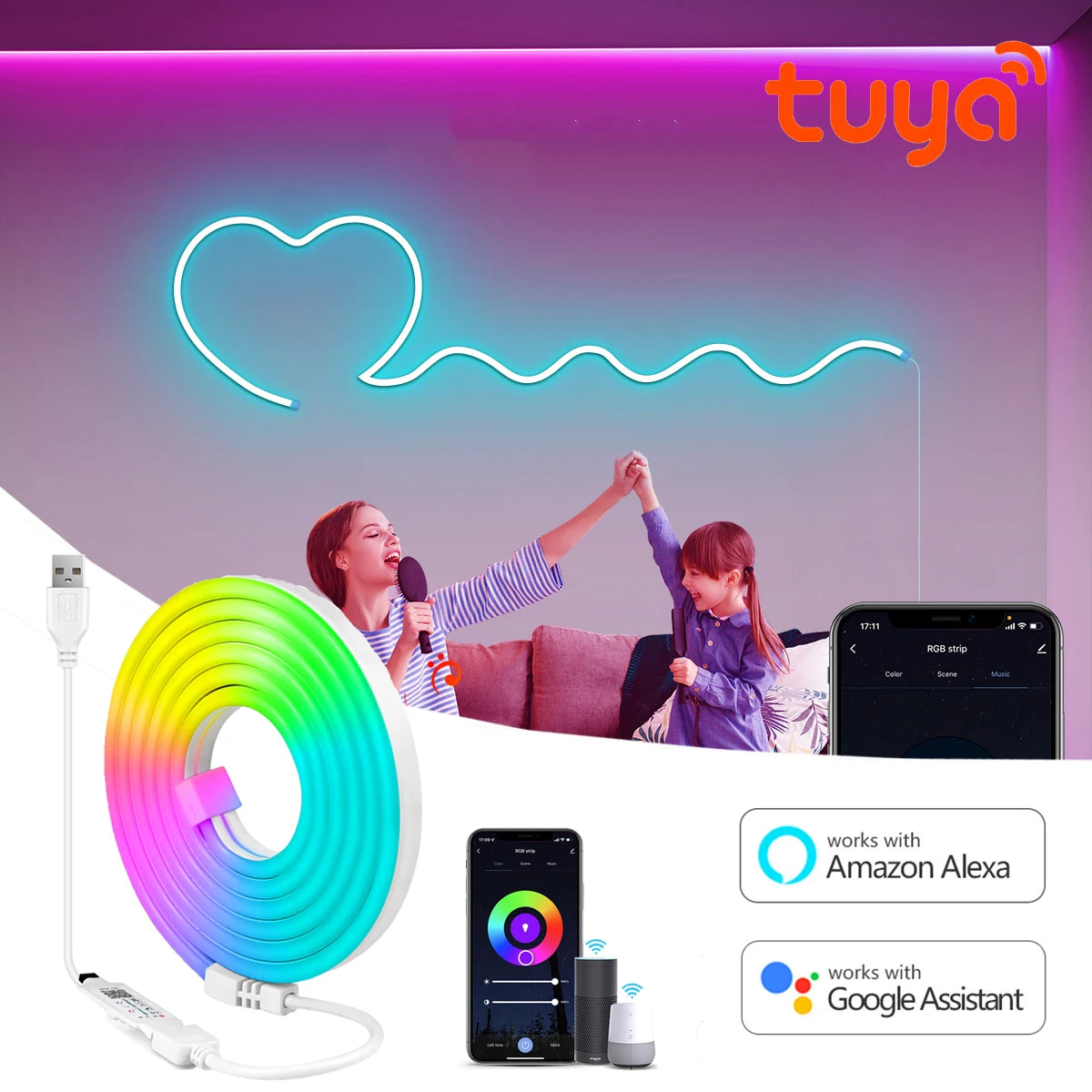 Smart Tuya Neon Strip WIFI/Bluetooth 2 Version APP Control 5V USB Ports RGB Neon Sign Waterproof DIY Room Wall Atmosphere Lamp Oasis Select