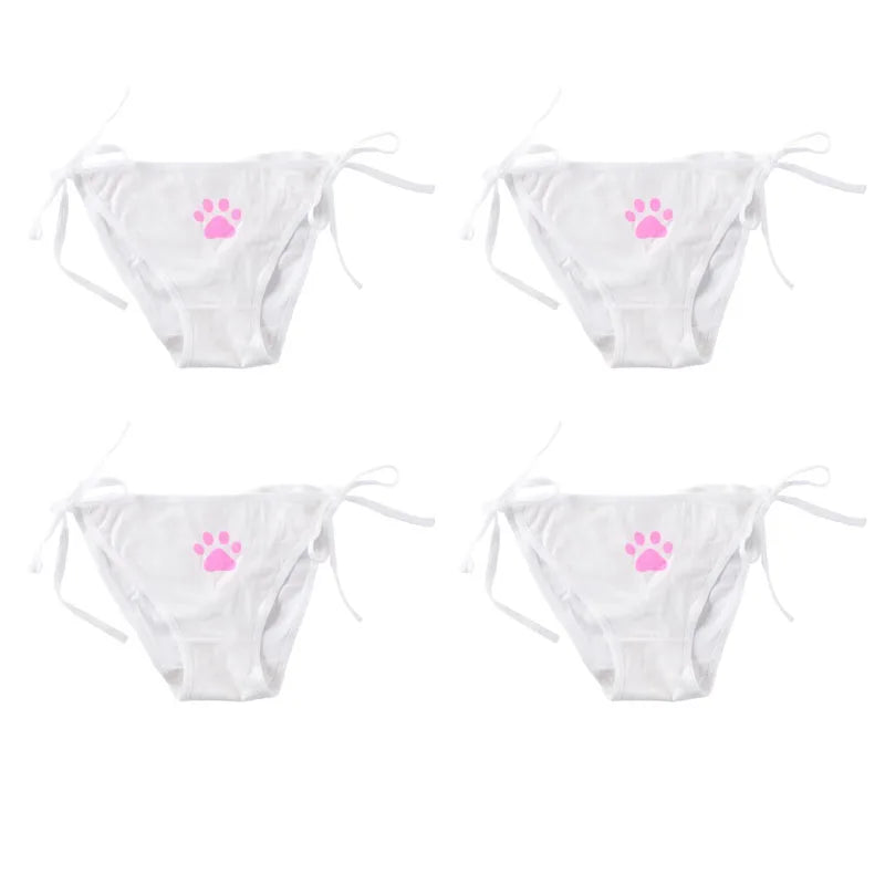 1/2/3/4pcs Women Sexy Sweet Cat Claw Briefs Low Waist Bowknot Bandage Lingerie Strings Strap Underwear Ladies Breathable Panties Oasis Select 4pcs white One Size as show